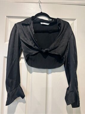 Zara Black Cropped Tie-Front Blouse